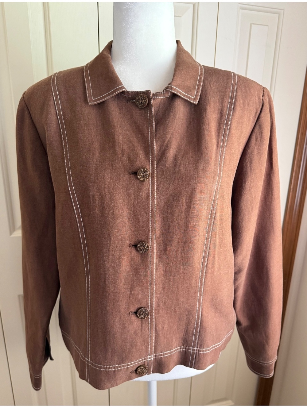 Pendleton Silk Linen Jacket Women’s Size 12 Brown Contrast Stitching